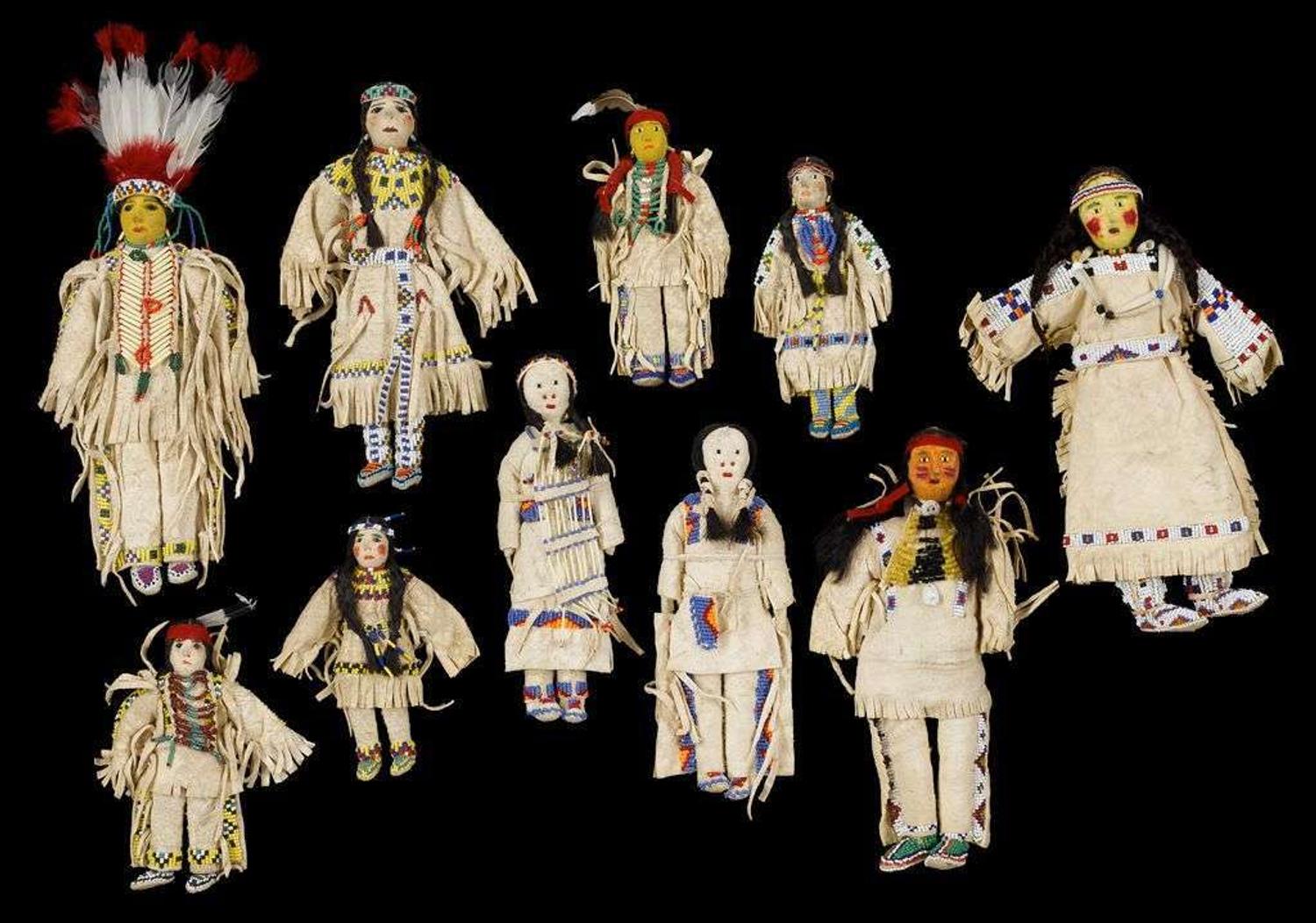 Group of ten beaded and painted hide Sioux dolls various makers, cannon ball, north dakota, circa 1950