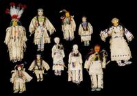 Group of ten beaded and painted hide Sioux dolls various makers, cannon ball, north dakota, circa 1950