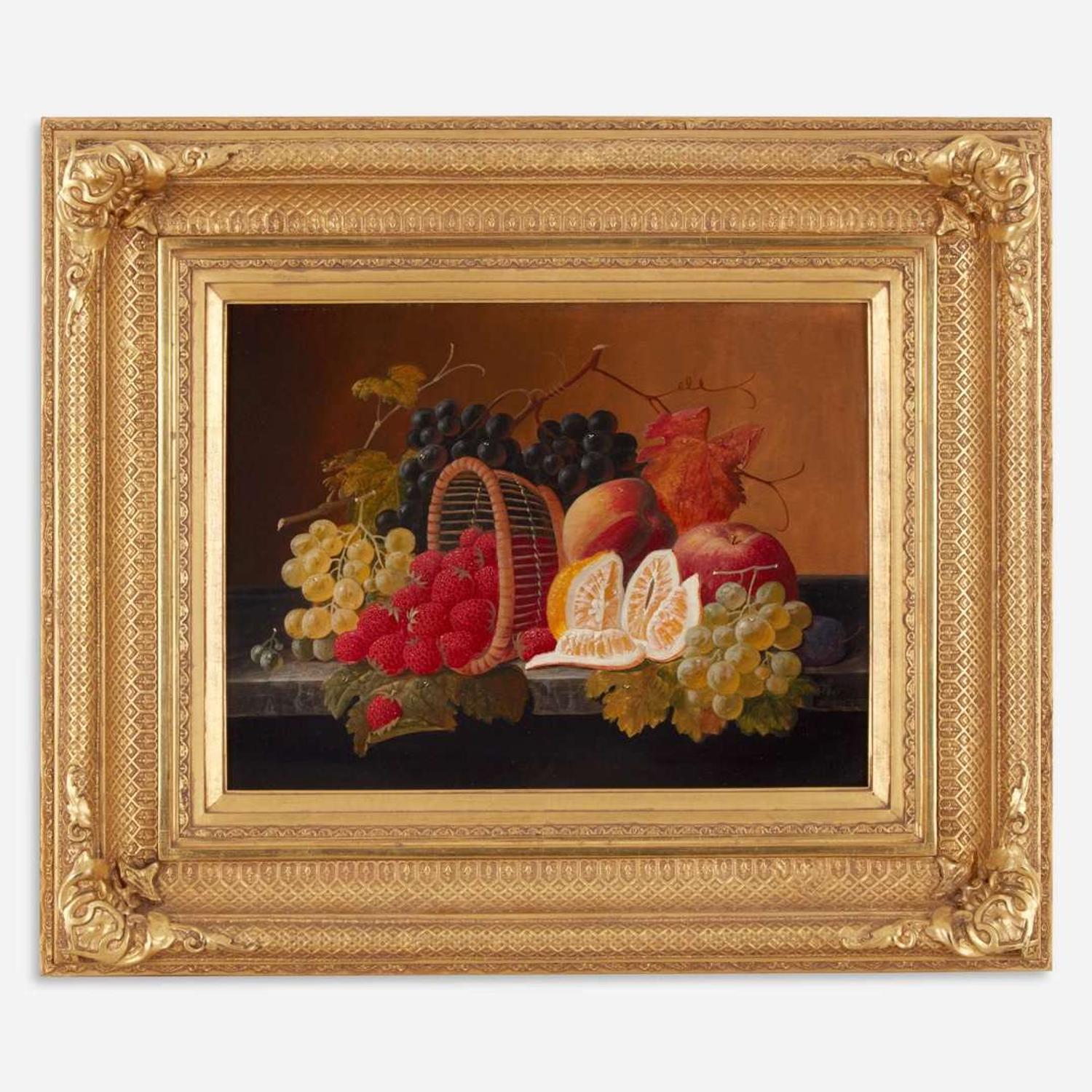 Severin Roesen (American, 1815–1872) Still Life with Fruit and Overturned Basket on a Marble Ledge