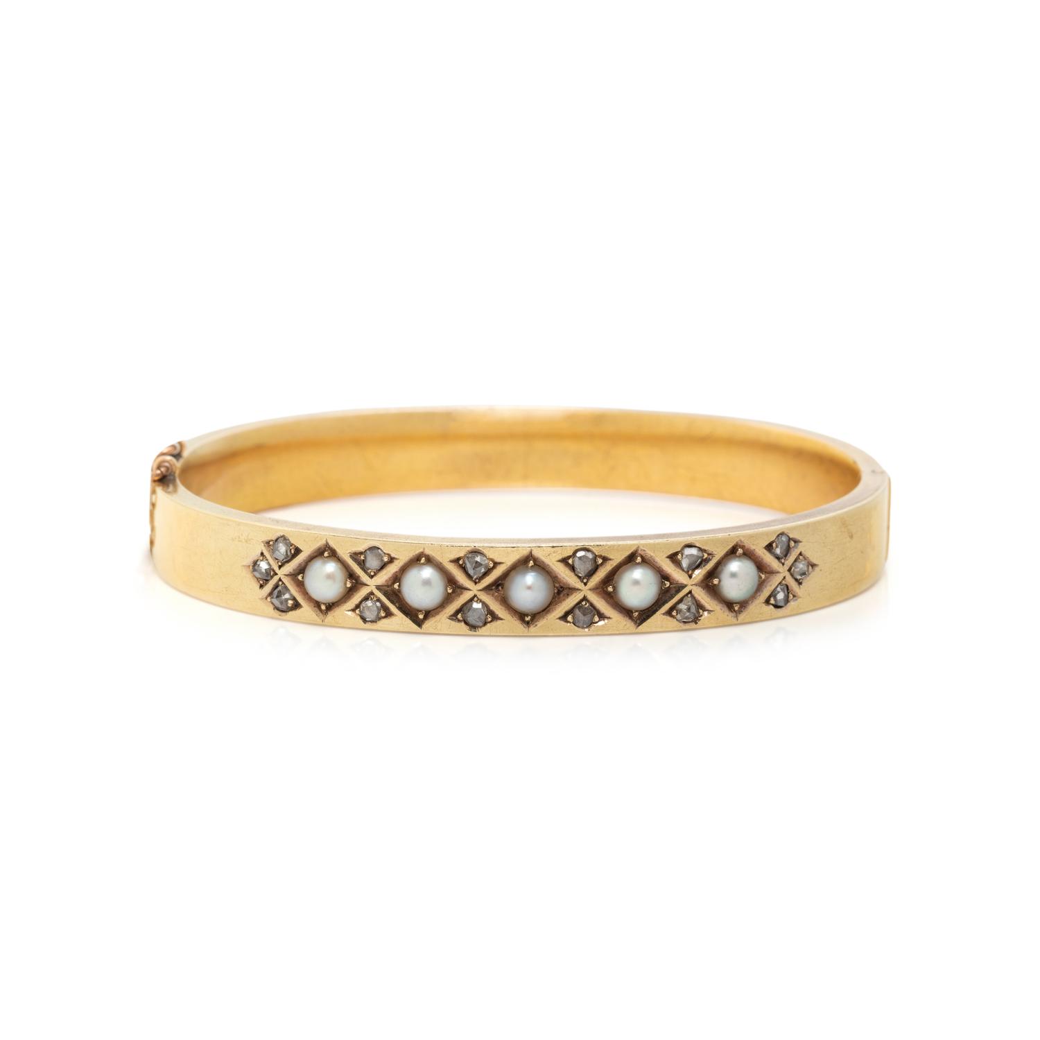 CULTURED PEARL, DIAMOND, AND YELLOW GOLD BANGLE BRACELET