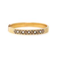 CULTURED PEARL, DIAMOND, AND YELLOW GOLD BANGLE BRACELET
