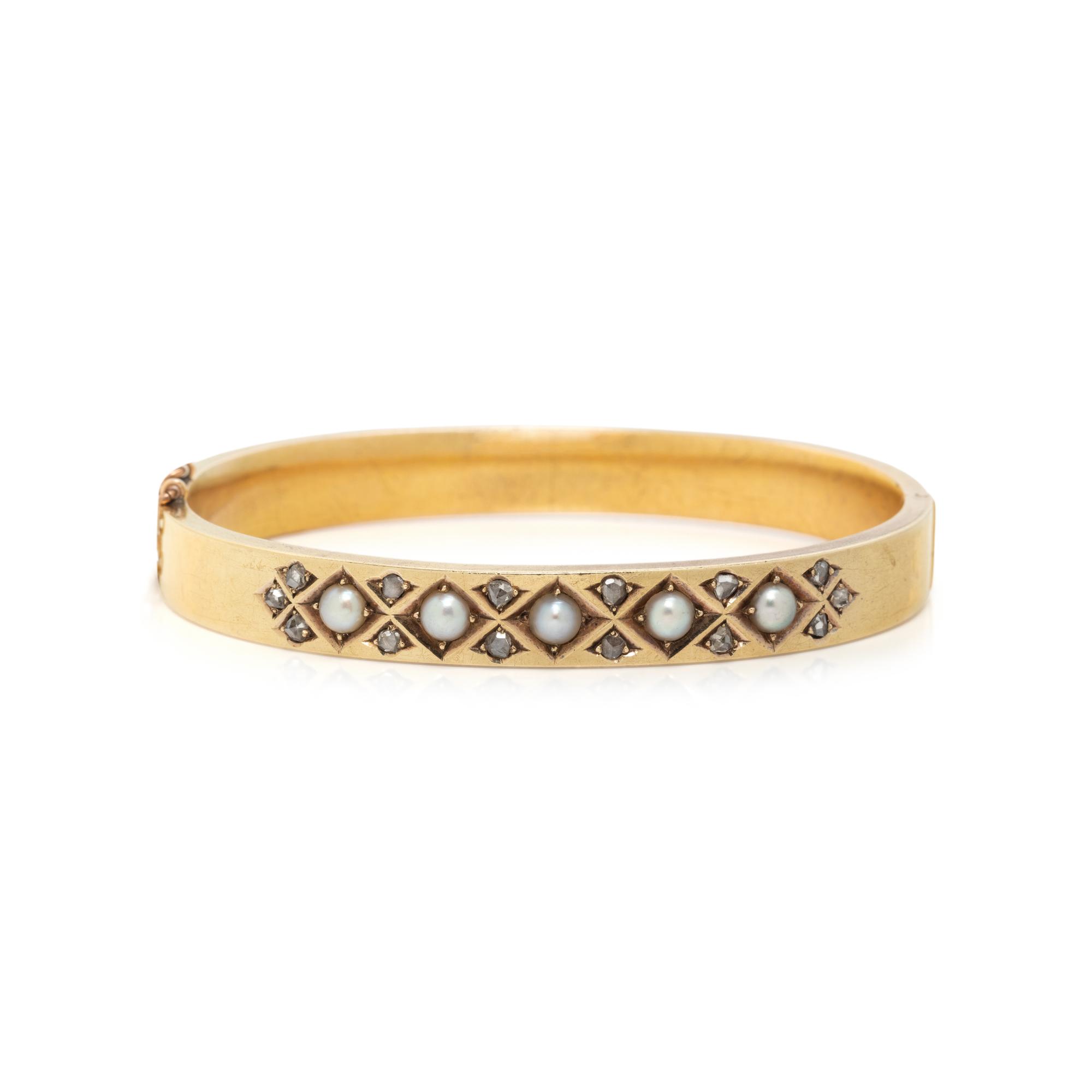 CULTURED PEARL, DIAMOND, AND YELLOW GOLD BANGLE BRACELET