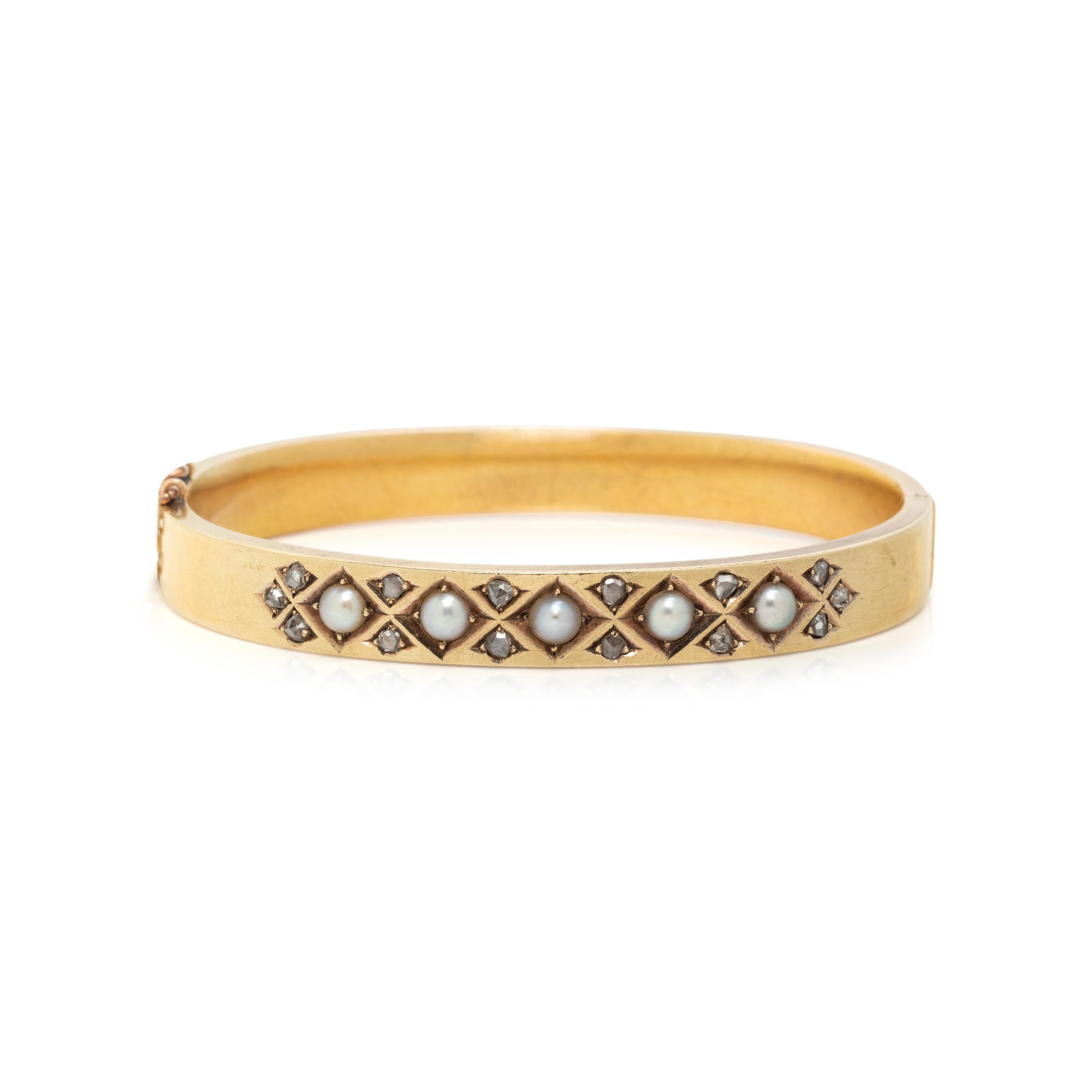 CULTURED PEARL, DIAMOND, AND YELLOW GOLD BANGLE BRACELET