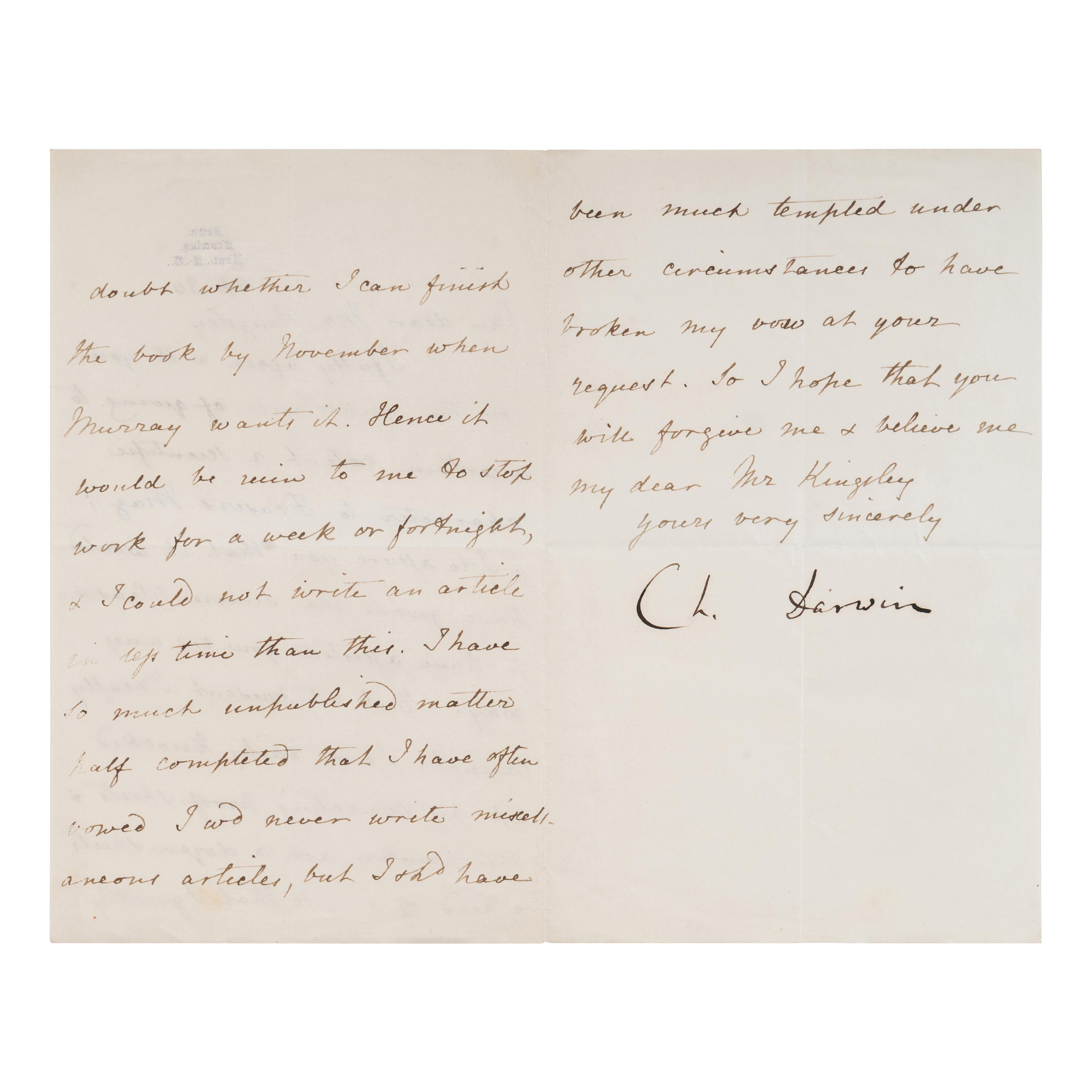 Darwin, Charles (1809-1882). Letter signed ("Ch. Darwin"), to Charles Kingsley, 30 April 1867.