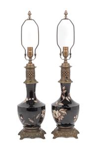 A Pair of French Enameled Porcelain Fluid Lamps Converted to Electricity