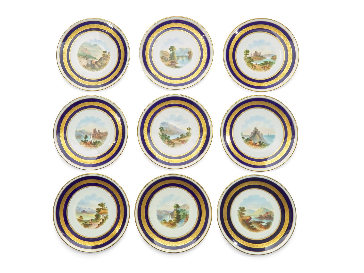A Set of Nine Continental Gilt-Decorated Porcelain Cabinet Plates