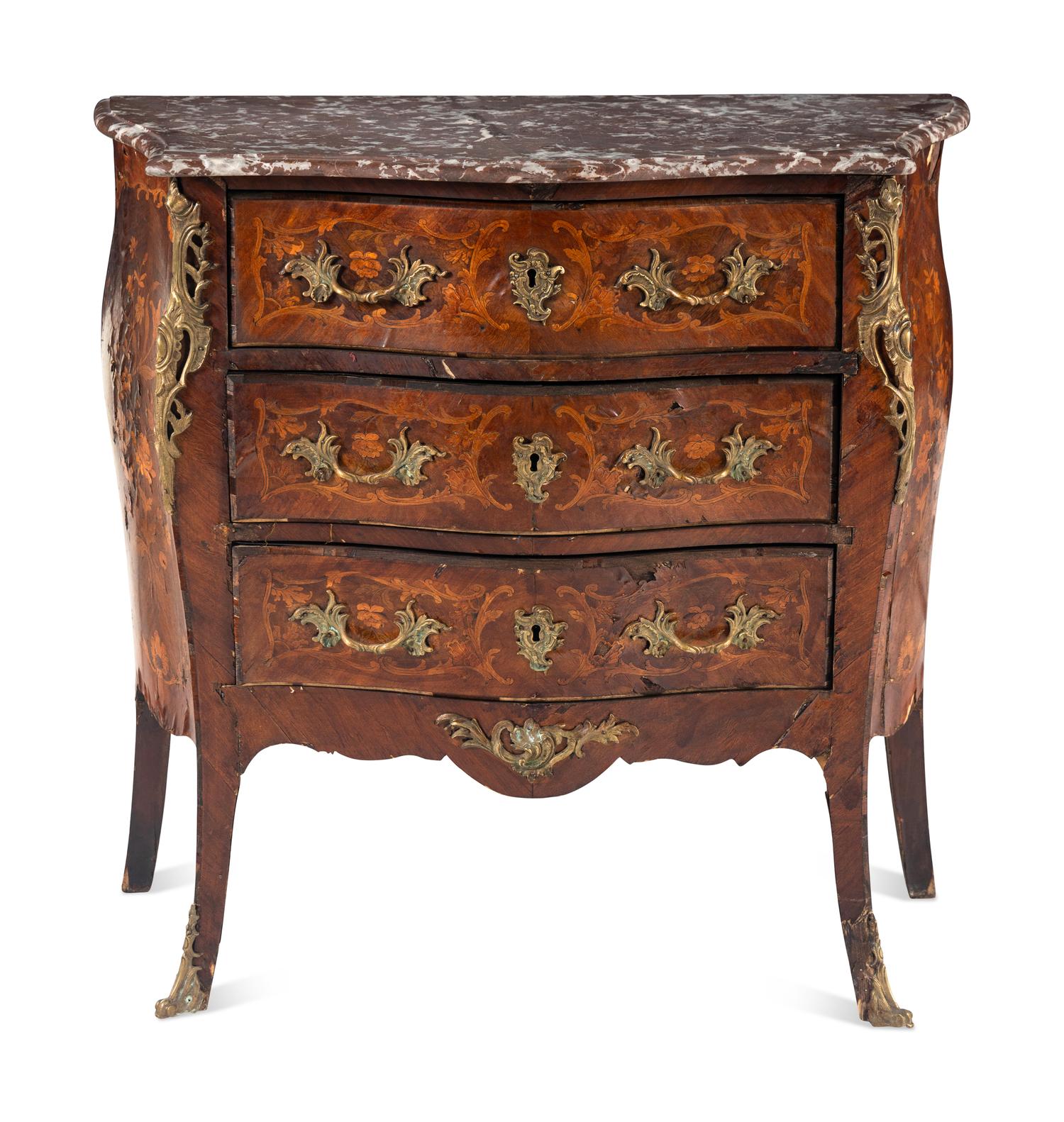 A Louis XV Style Gilt Bronze Mounted Marquetry Marble-Top Commode