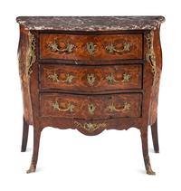 A Louis XV Style Gilt Bronze Mounted Marquetry Marble-Top Commode