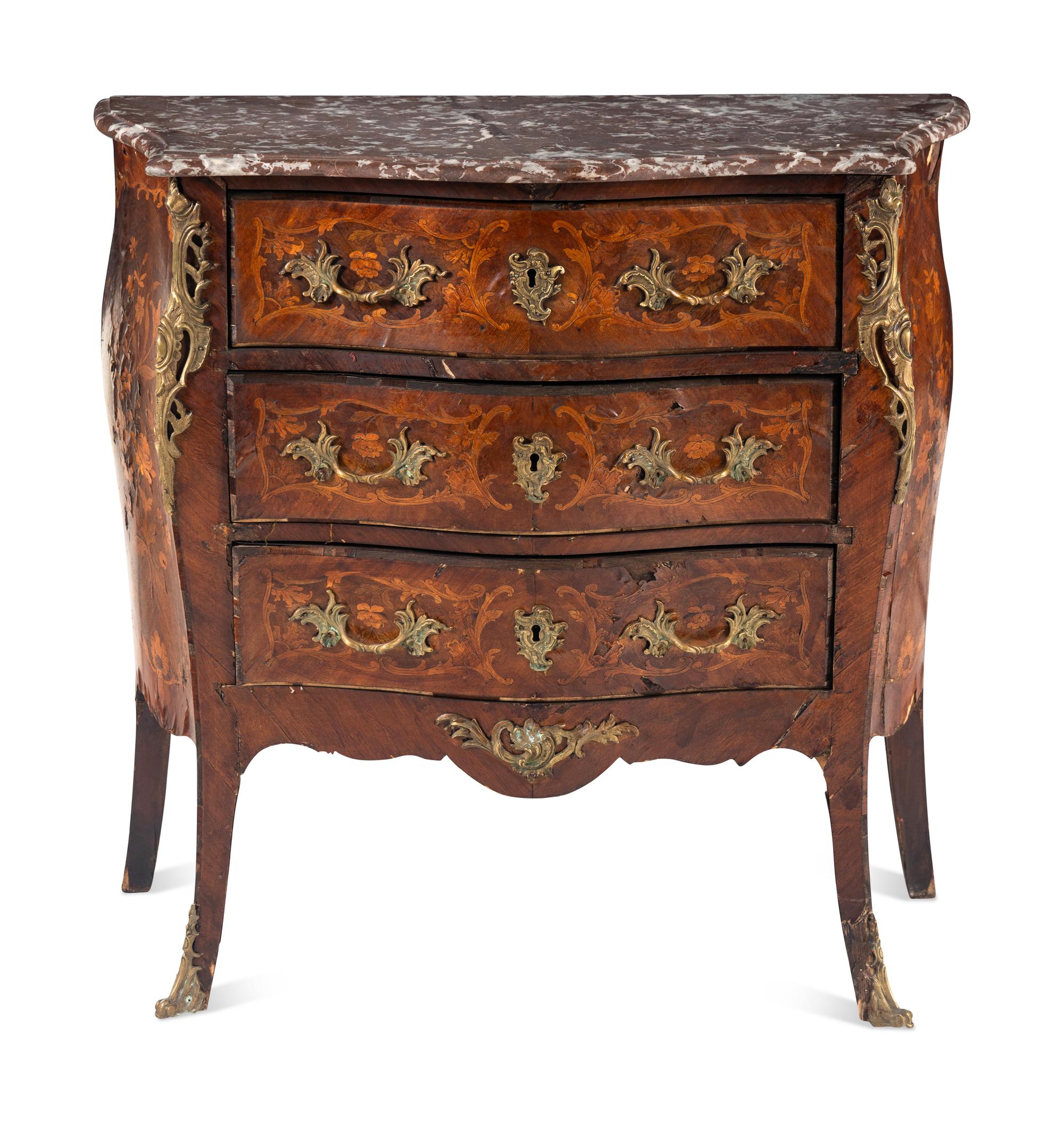 A Louis XV Style Gilt Bronze Mounted Marquetry Marble-Top Commode