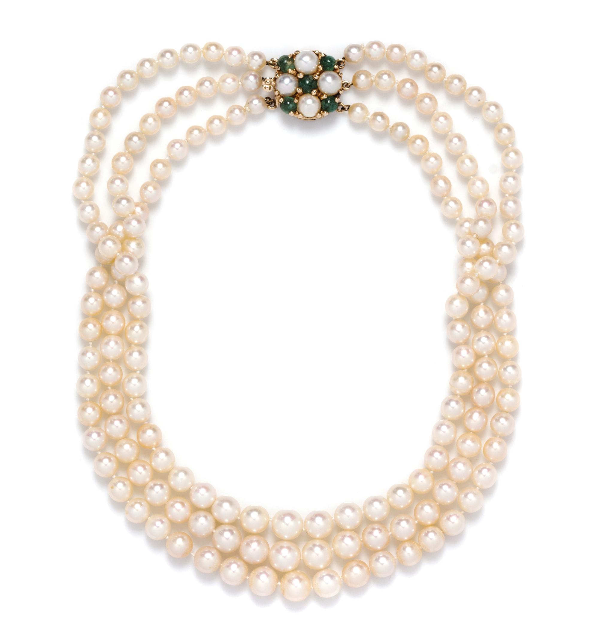 A Graduated Triple Strand Natural Pearl Necklace,