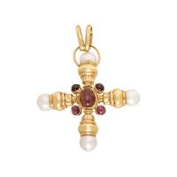 CULTURED PEARL, TOURMALINE, AND YELLOW GOLD CROSS PENDANT