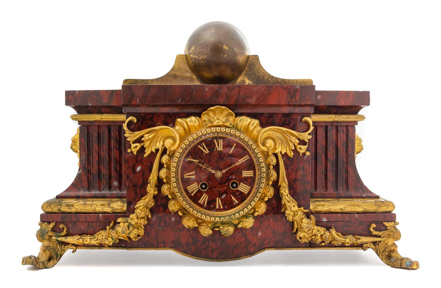 A French Gilt Bronze Mounted Marble Mantel Clock Height 12 1/2 x width 19 x depth 8 1/2 inches. — LATE 19TH CENTURY