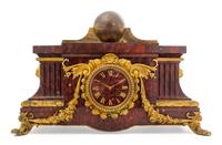 A French Gilt Bronze Mounted Marble Mantel Clock Height 12 1/2 x width 19 x depth 8 1/2 inches. — LATE 19TH CENTURY