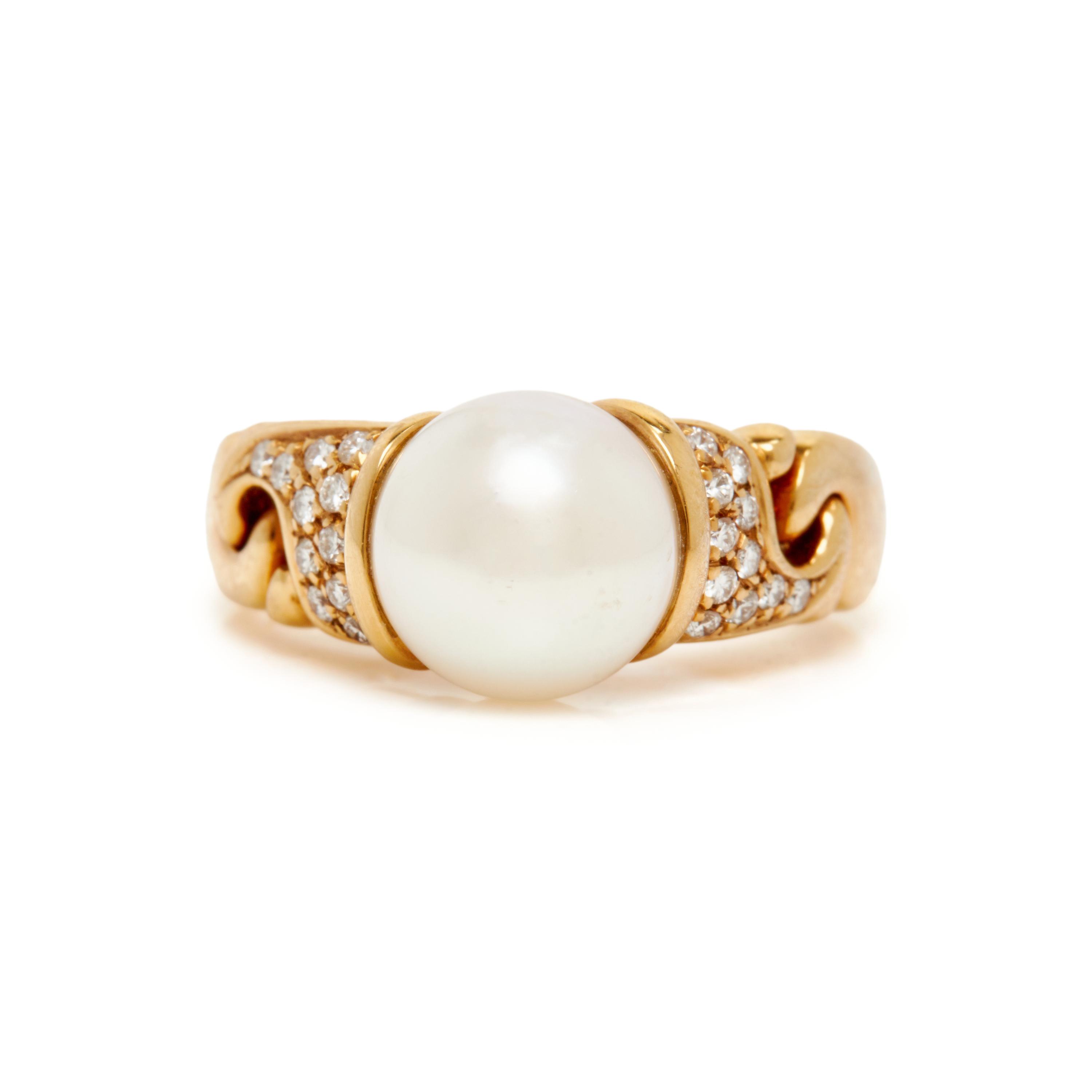 BULGARI, YELLOW GOLD, CULTURED PEARL AND DIAMOND RING