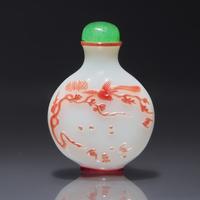 A Chinese Overlay Glass Snuff Bottle, Yangzhou School, Qing Dynasty, Circa 1850-1890 — 1850-1890年 揚州作涅白地套粉紅料以介眉壽鼻煙壺