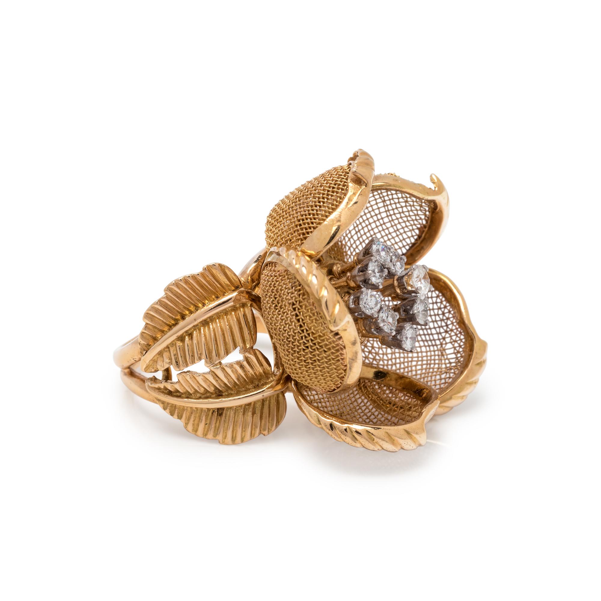 YELLOW GOLD AND DIAMOND ARTICULATED FLOWER RING