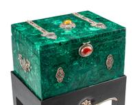 A Jeweled Silvered Filigree Mounted Malachite Casket on Stand