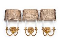 A Set of Three Gilt Metal Two-Light Sconces with Custom Shades