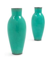 A Pair of Japanese Monochrome Jade Green Enameled and Silver Vases