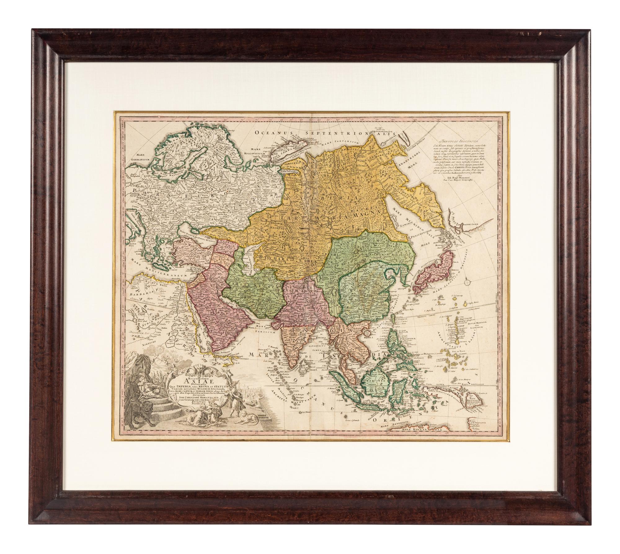 [MAPS]. HOMANN, Johann Baptist (1663-1724). Four engraved continent maps with hand-coloring, each matted and framed, comprising: