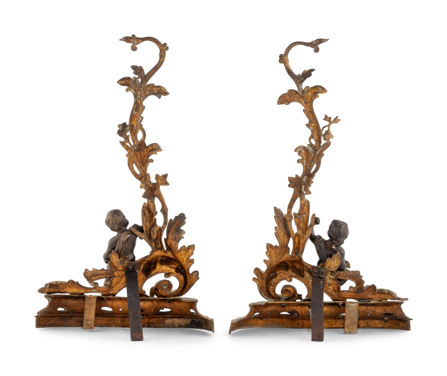 Three Rococo Style Gilt and Patinated Bronze Fireplace Articles