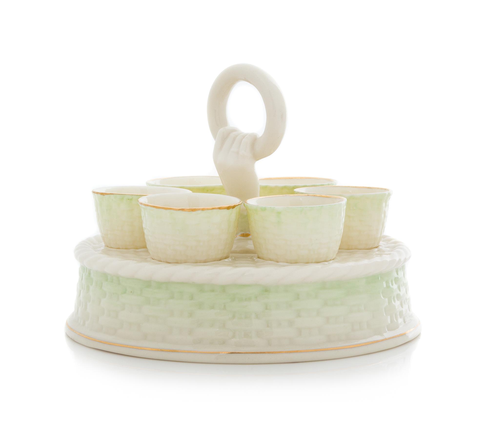 A Belleek Egg Caddy with Cups Diameter 6 3/4 inches. — SIXTH GREEN MARK (1965-1980)