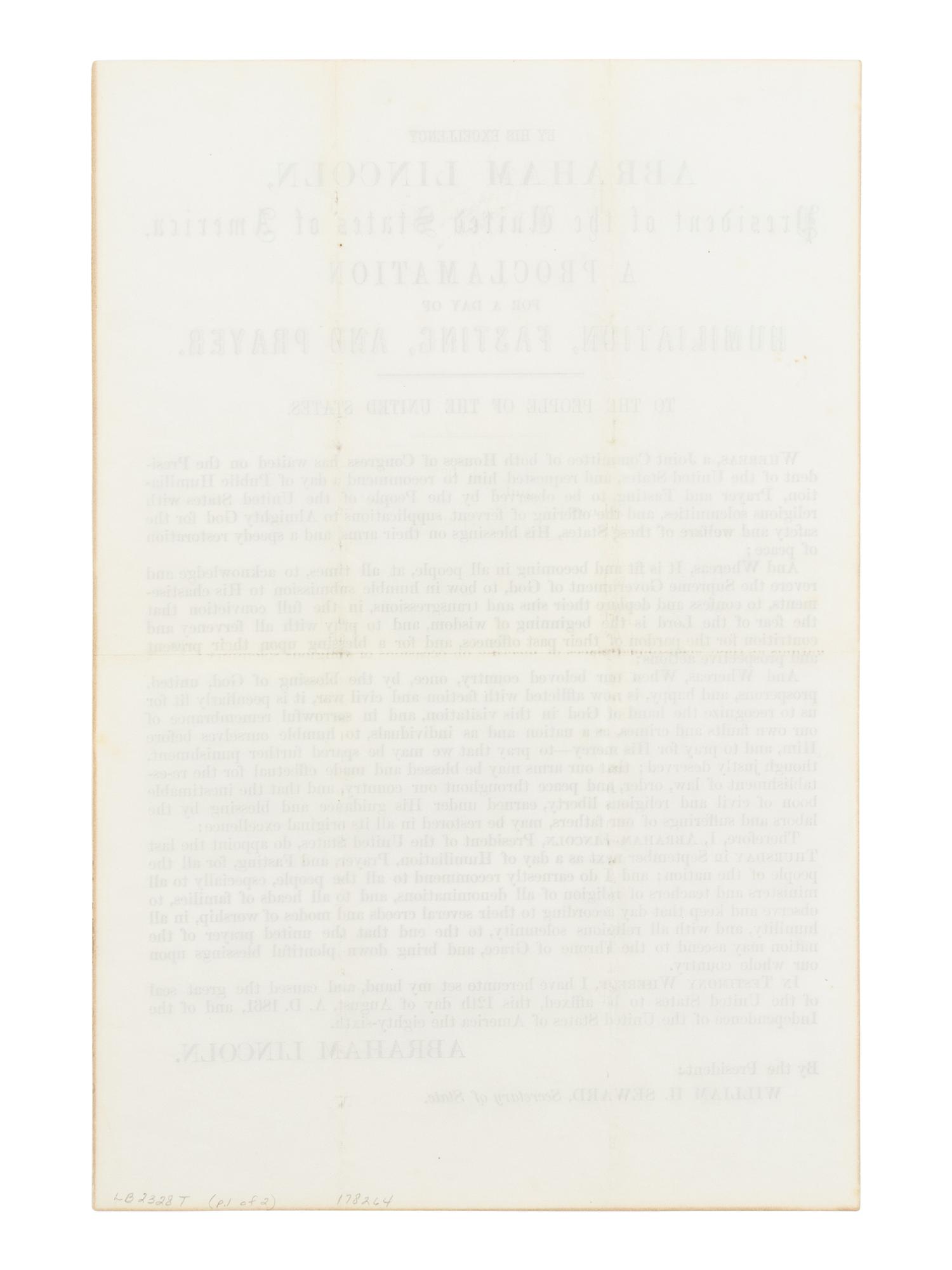LINCOLN, Abraham (1809-1865). By His Excellency Abraham Lincoln, President of the United States of America, A Proclamation for a Day of Humiliation, Fasting, and Prayer . [Washington, D.C.], 12 August 1861.
