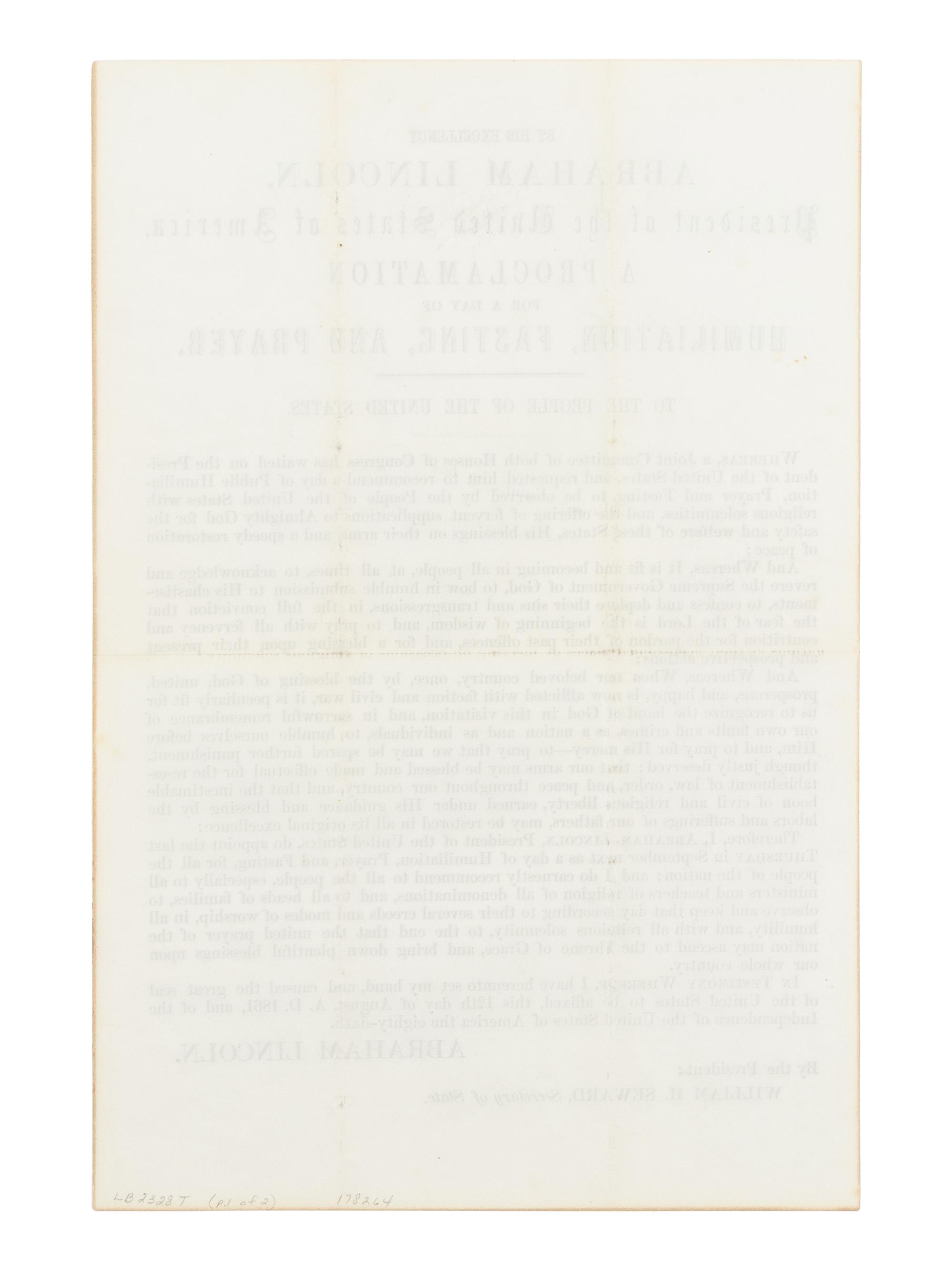 LINCOLN, Abraham (1809-1865). By His Excellency Abraham Lincoln, President of the United States of America, A Proclamation for a Day of Humiliation, Fasting, and Prayer . [Washington, D.C.], 12 August 1861.