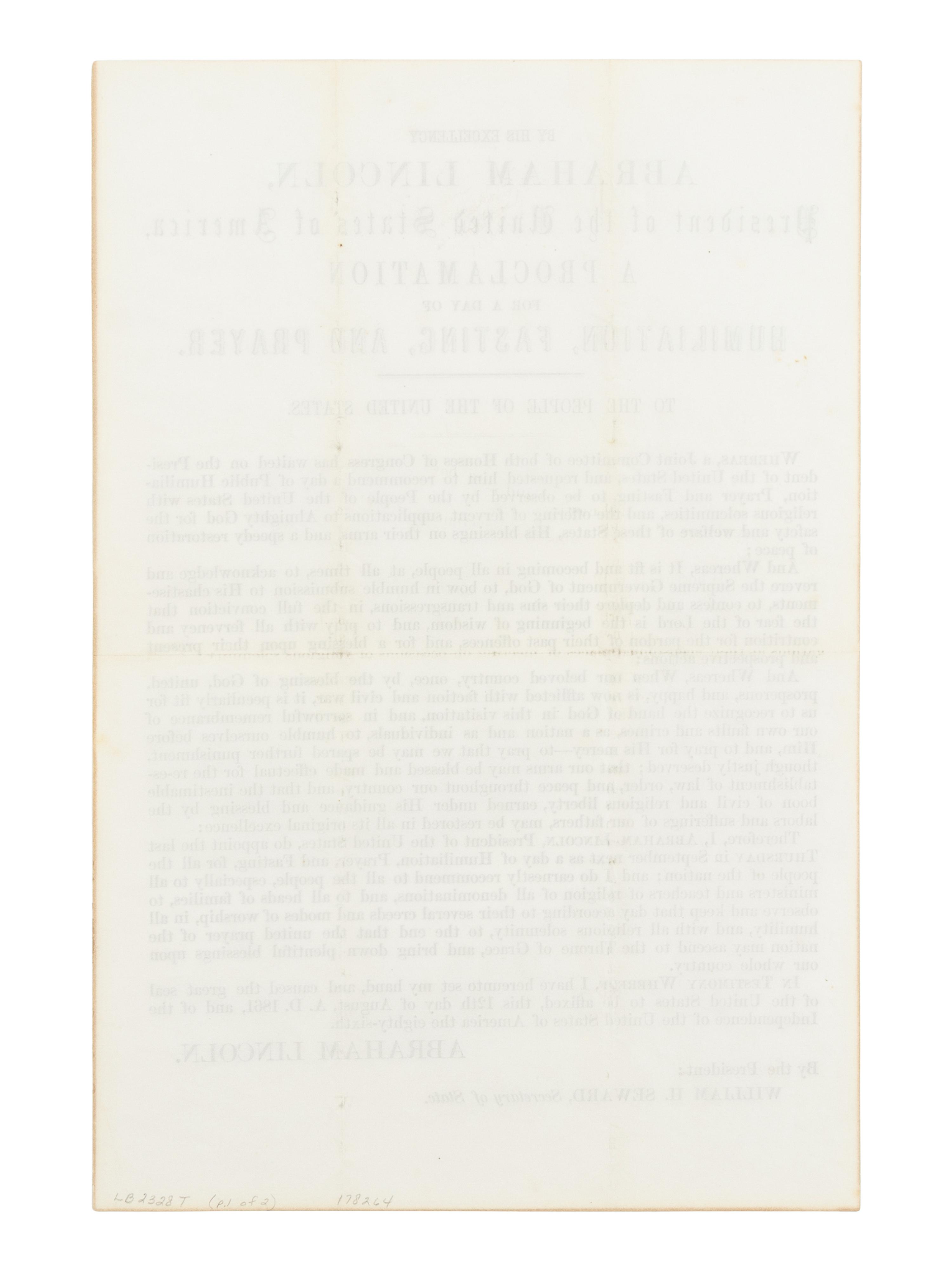 LINCOLN, Abraham (1809-1865). By His Excellency Abraham Lincoln, President of the United States of America, A Proclamation for a Day of Humiliation, Fasting, and Prayer . [Washington, D.C.], 12 August 1861.