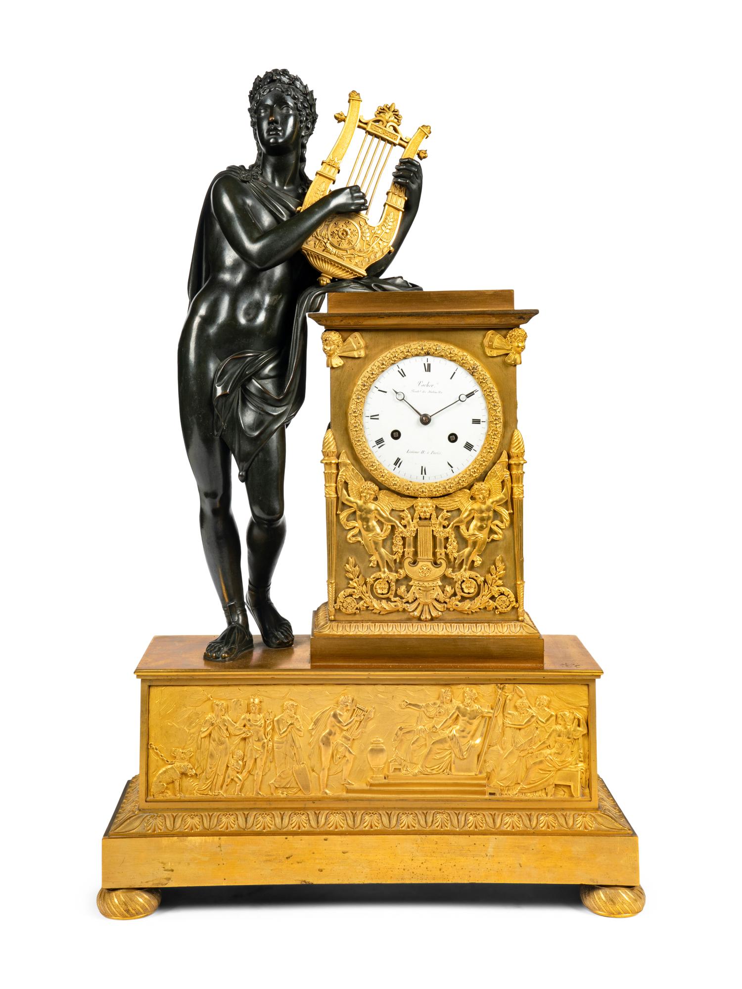 A Restauration Gilt and Patinated Bronze Mantel Clock with Orpheus and a Lyre