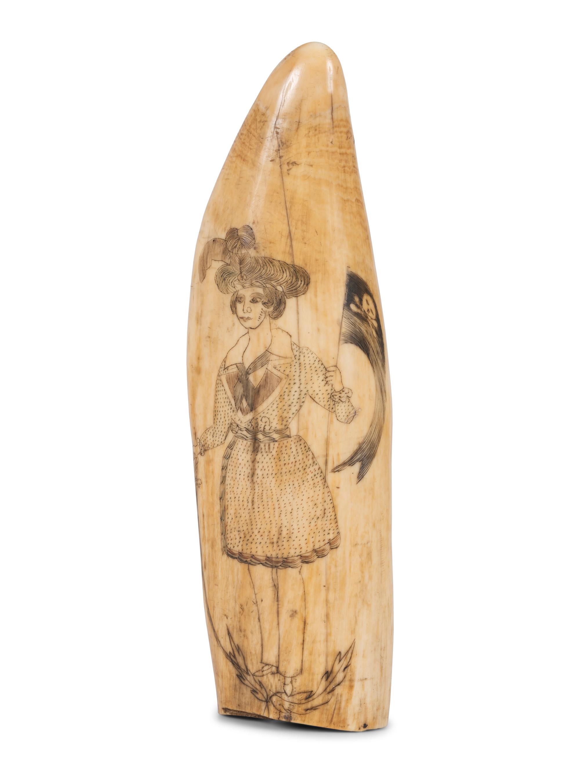 A Scrimshaw Tooth with Depiction of Female Pirate Fanny Campbell and a Patriotic Device