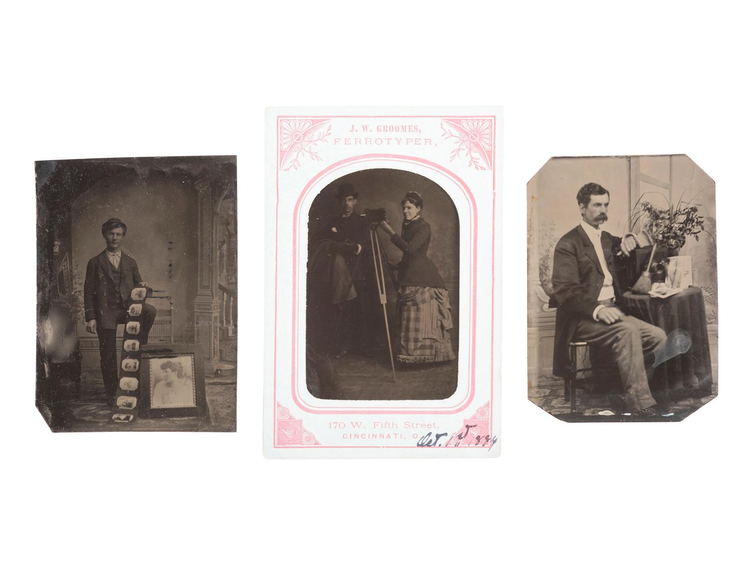 [EARLY PHOTOGRAPHY]. A group of 3 tintypes of photographers with their cameras or examples of their work.