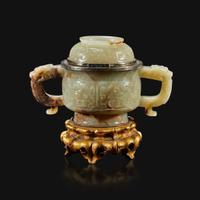 A Chinese pale celadon and brown jade censer and cover, mounts by Edward I. Farmer, New York the jade late Ming/early Qing Dynasty