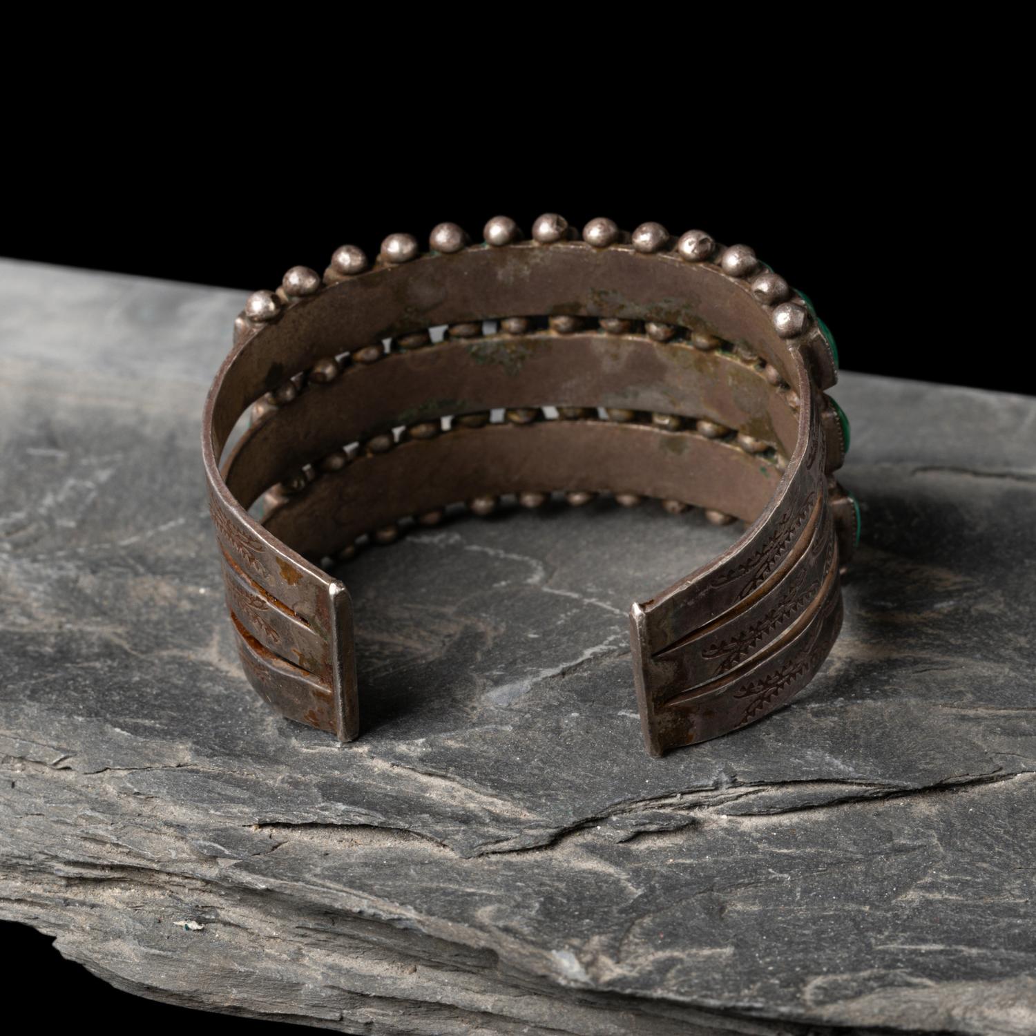 Navajo or Zuni Silver and Turquoise Cluster Cuff Bracelet