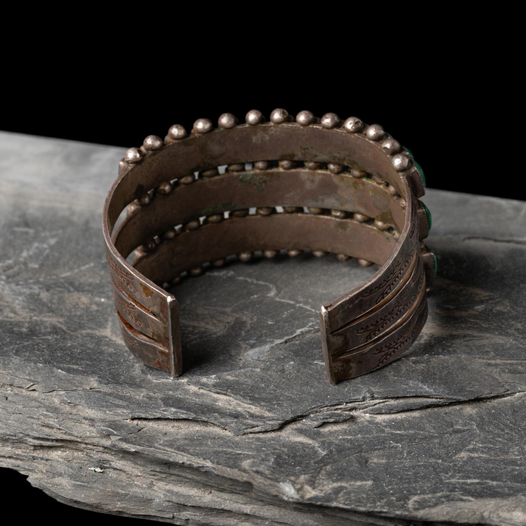 Navajo or Zuni Silver and Turquoise Cluster Cuff Bracelet