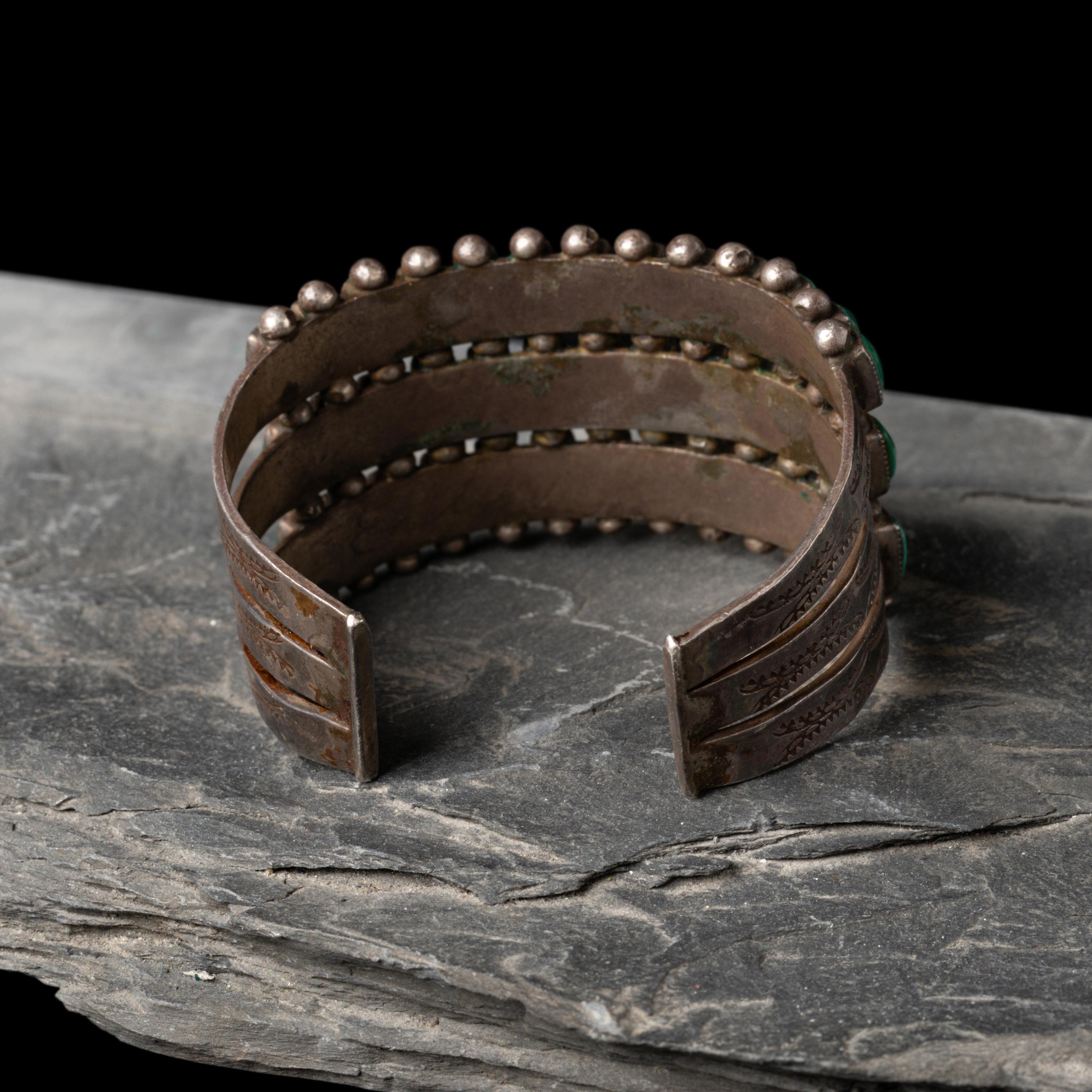 Navajo or Zuni Silver and Turquoise Cluster Cuff Bracelet