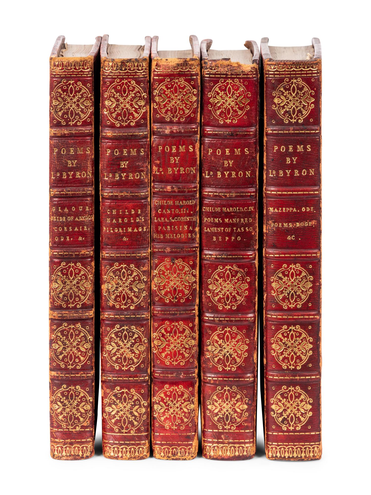 [FORE-EDGE PAINTING] -- BYRON, George Gordon Noel, Lord (1788-1824). The Gaiour. 1814. -- Childe Harold’s Pilgrimage, a Romaunt. 1814. -- Childe Harold’s Pilgrimage, Canto the Third . 1816. -- Childe Harold’s Pilgrimage, Canto the Fourth . 1818. -- Mazeppa, a Poem . 1819– All London: Thomas Davison for John Murray.