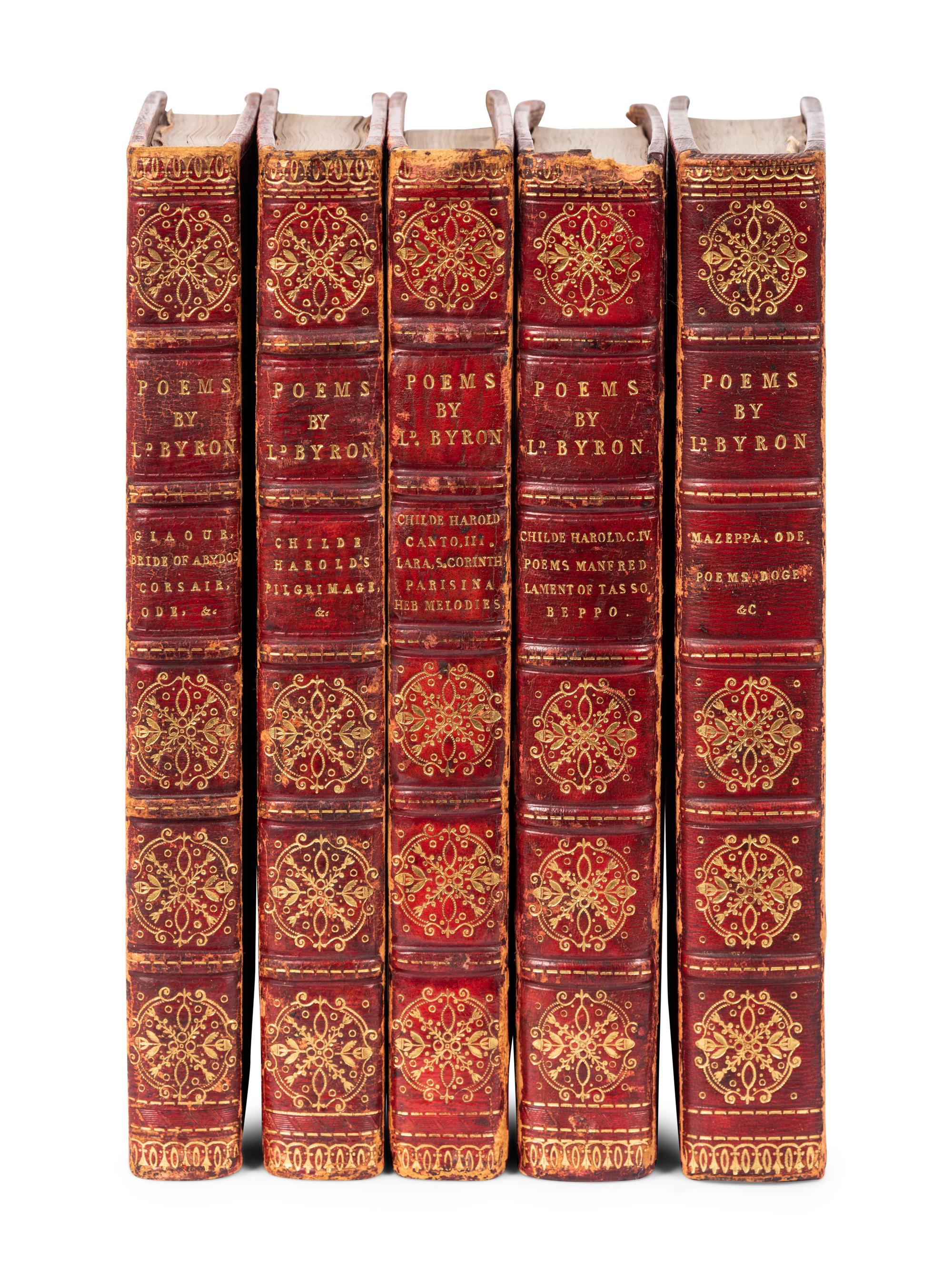 [FORE-EDGE PAINTING] -- BYRON, George Gordon Noel, Lord (1788-1824). The Gaiour. 1814. -- Childe Harold’s Pilgrimage, a Romaunt. 1814. -- Childe Harold’s Pilgrimage, Canto the Third . 1816. -- Childe Harold’s Pilgrimage, Canto the Fourth . 1818. -- Mazeppa, a Poem . 1819– All London: Thomas Davison for John Murray.