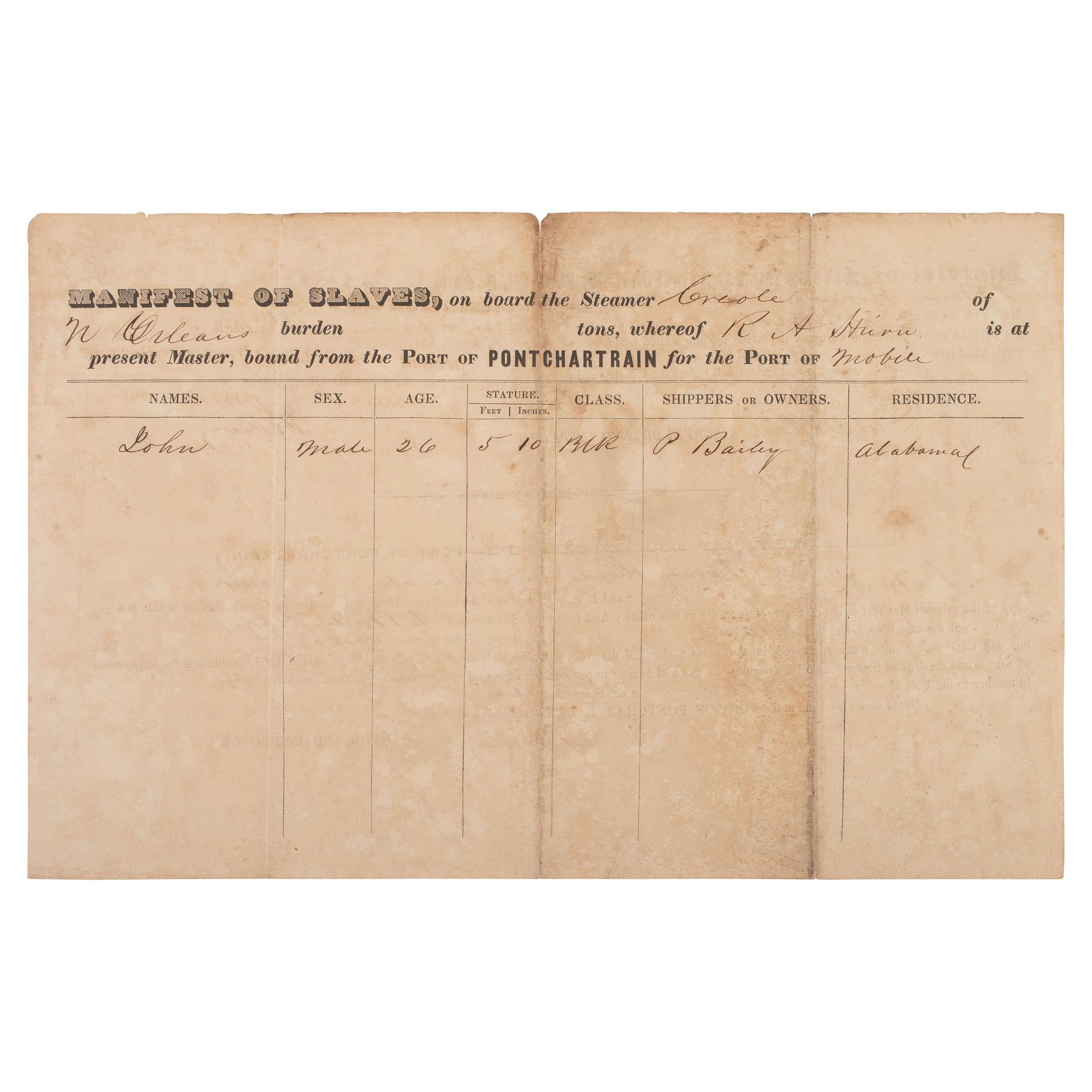[ENSLAVEMENT]. Ship's manifest documenting the conveyance of one enslaved person named John. March 1844.