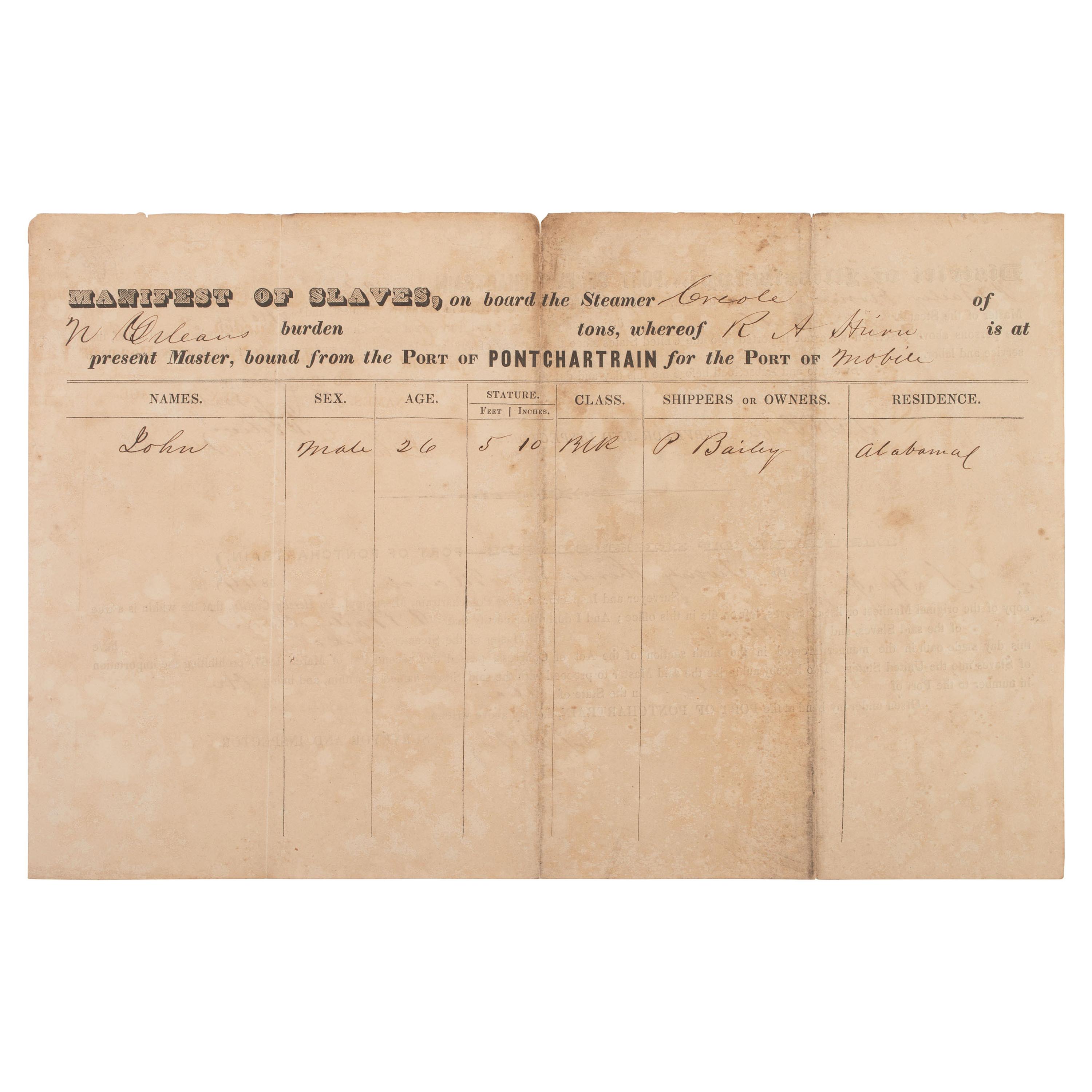 [ENSLAVEMENT]. Ship's manifest documenting the conveyance of one enslaved person named John. March 1844.