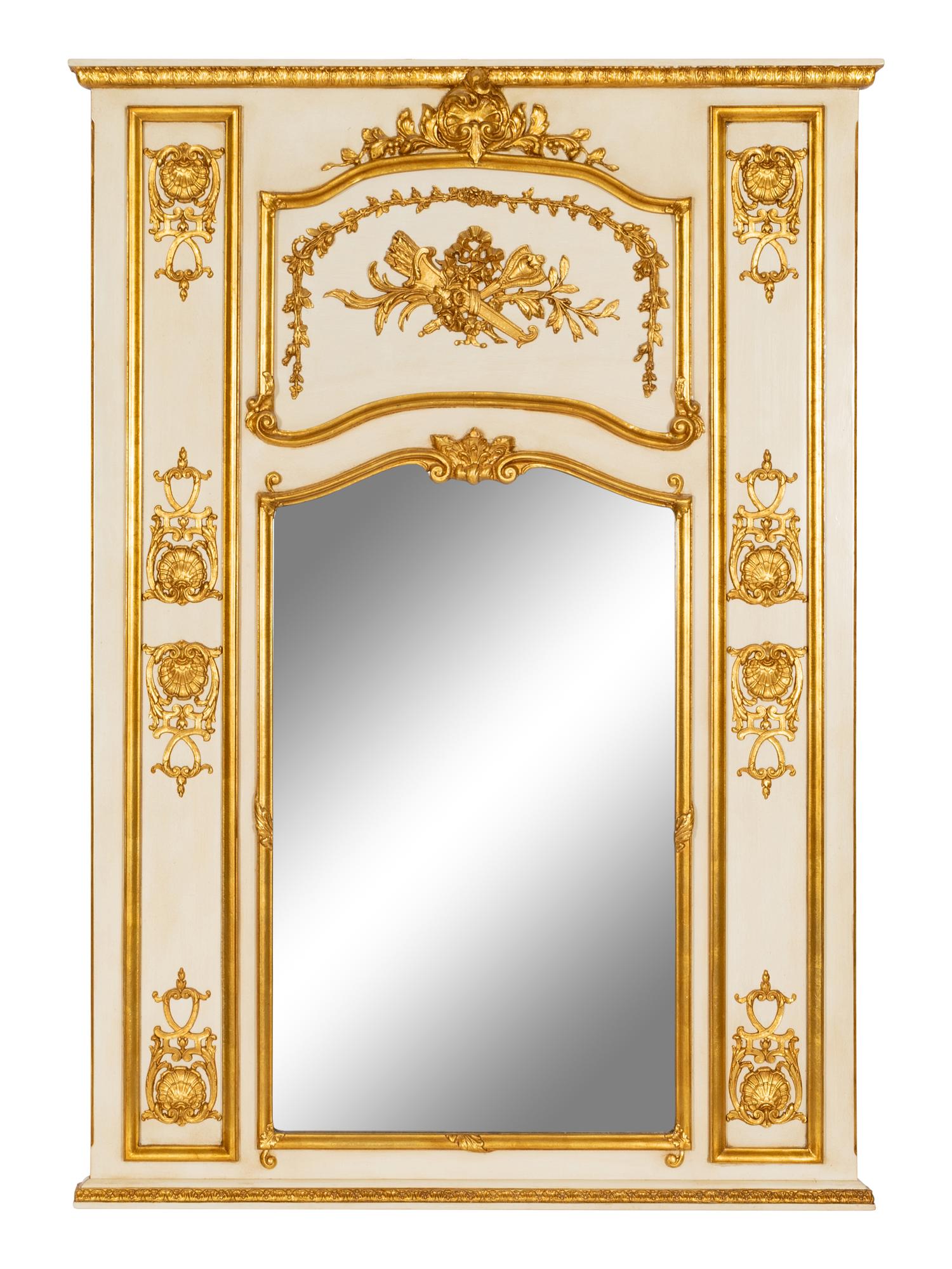 A Pair of Louis XVI Style Cream-Painted and Parcel Gilt Mirrors