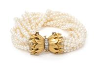 A Yellow Gold, Diamond and Multistrand Cultured Pearl Torsade Bracelet,