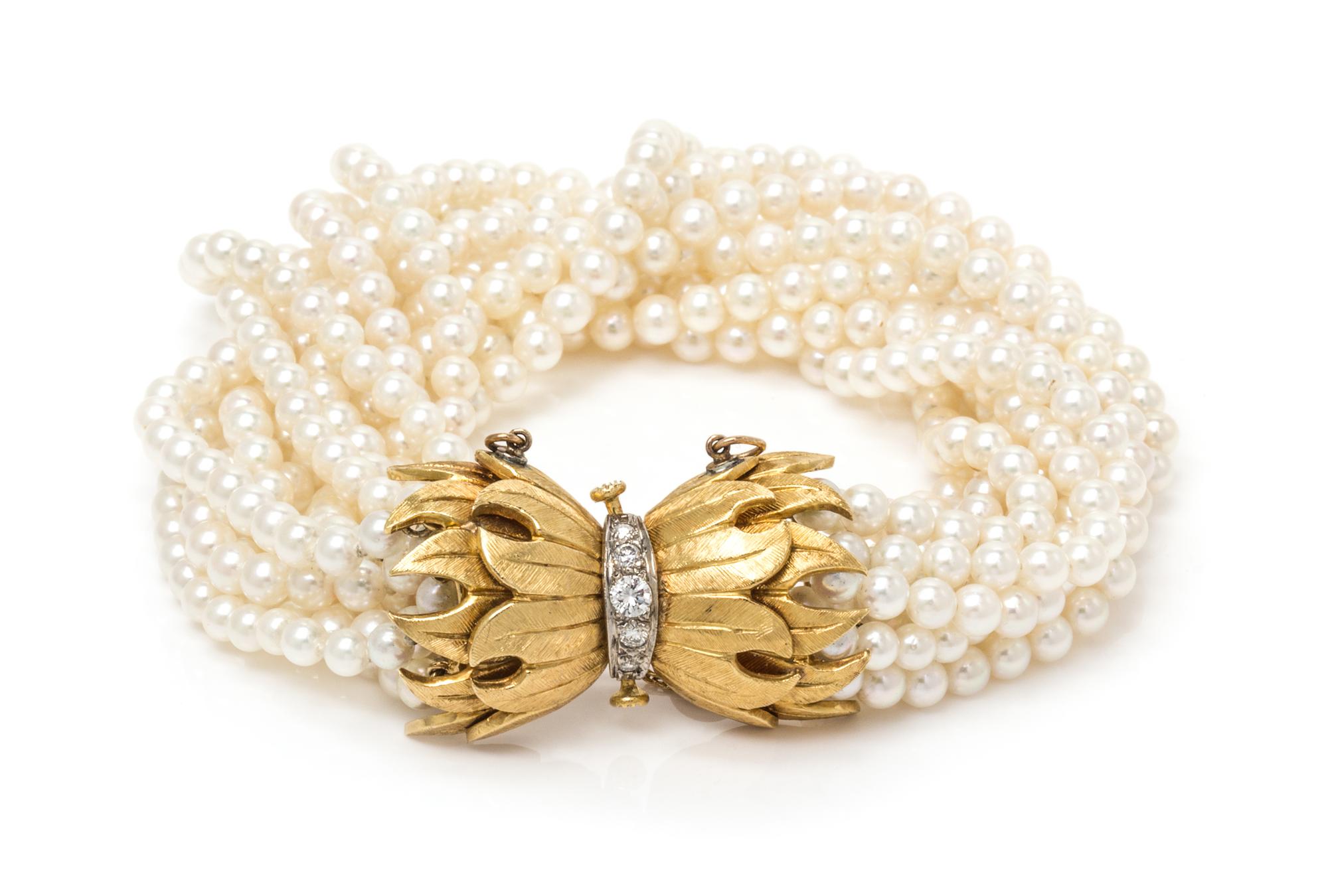 A Yellow Gold, Diamond and Multistrand Cultured Pearl Torsade Bracelet,