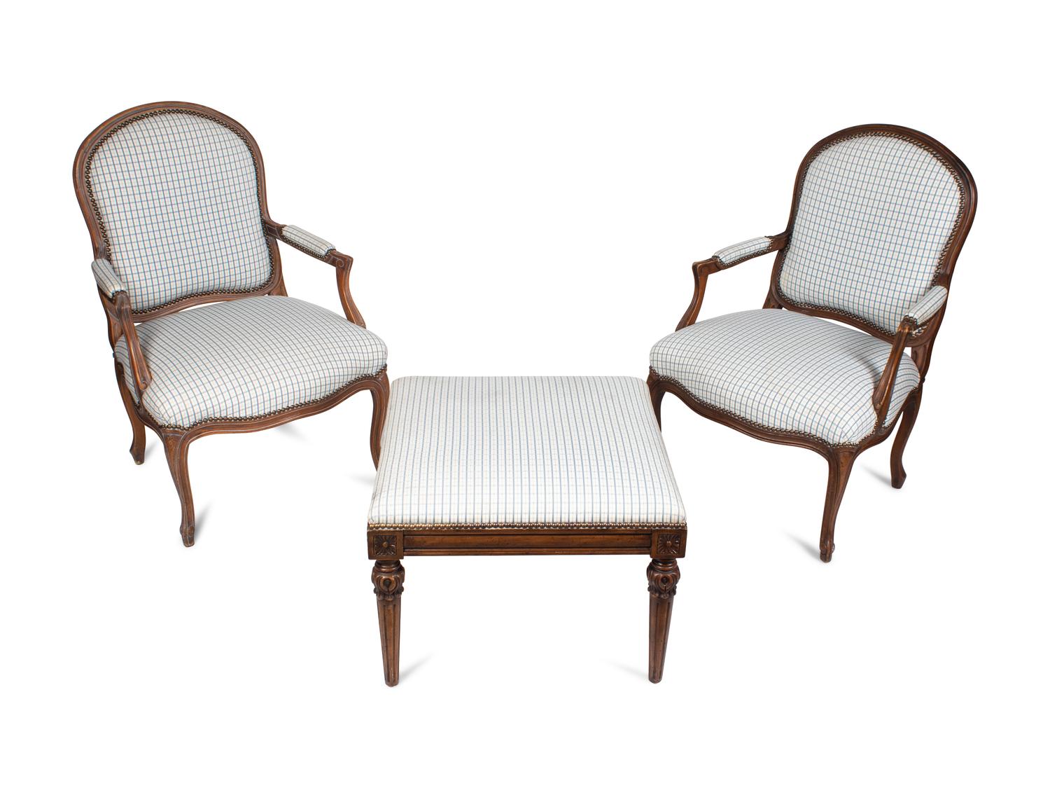 A Pair of Louis XV Style Fauteuils and an Associated Stool