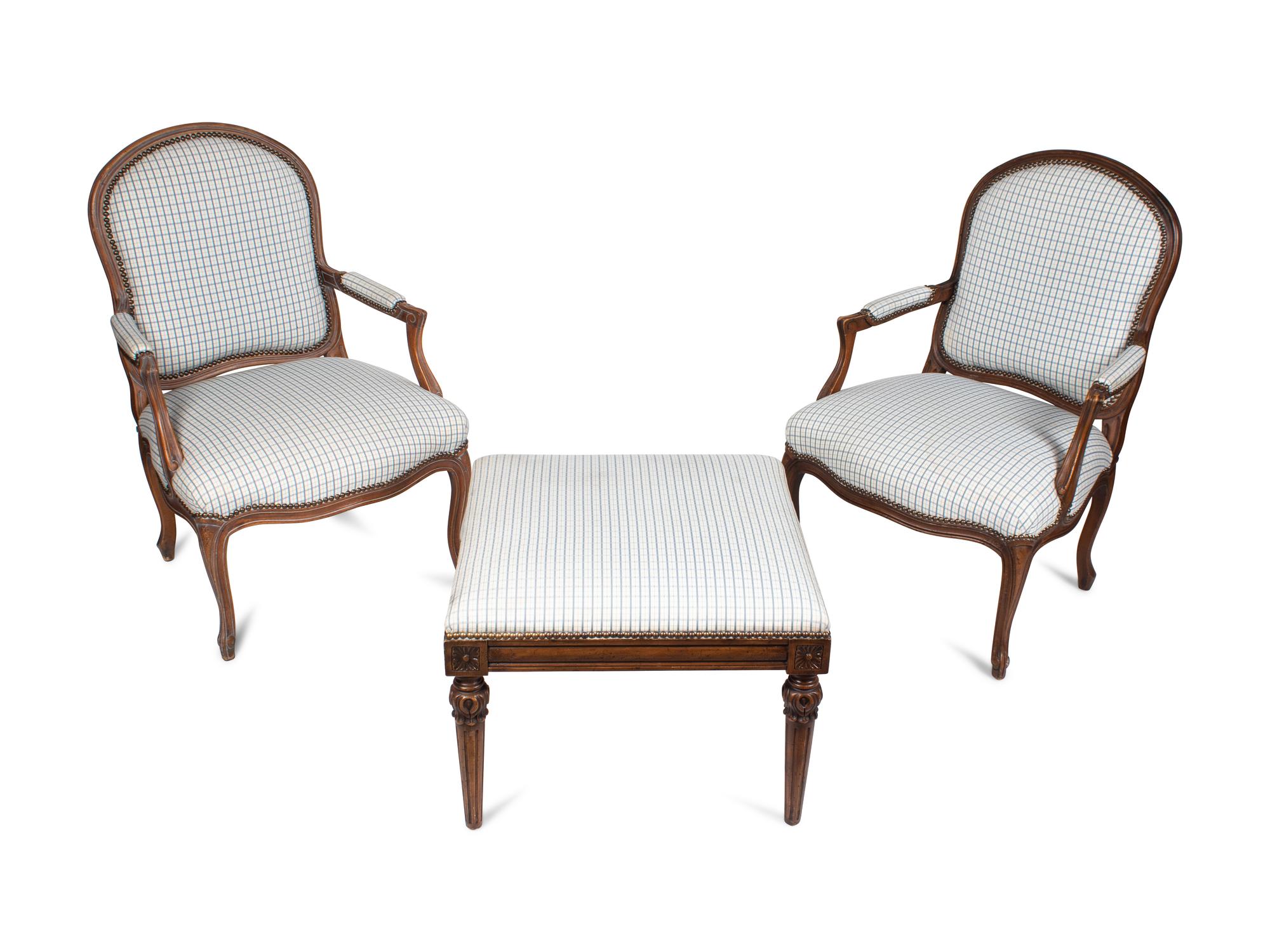 A Pair of Louis XV Style Fauteuils and an Associated Stool