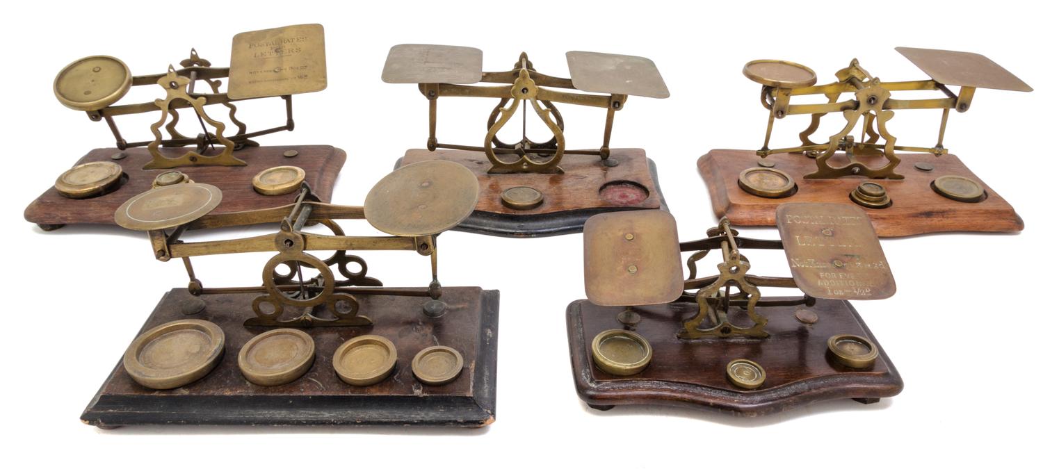 A Group of Five Brass Postal Scales Width of largest 9 inches. — LATE 19TH/EARLY 20TH CENTURY