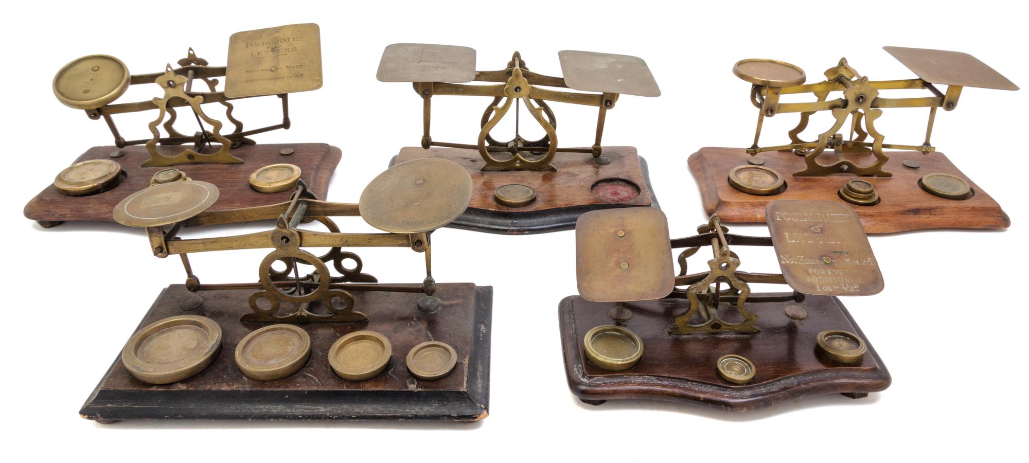 A Group of Five Brass Postal Scales Width of largest 9 inches. — LATE 19TH/EARLY 20TH CENTURY