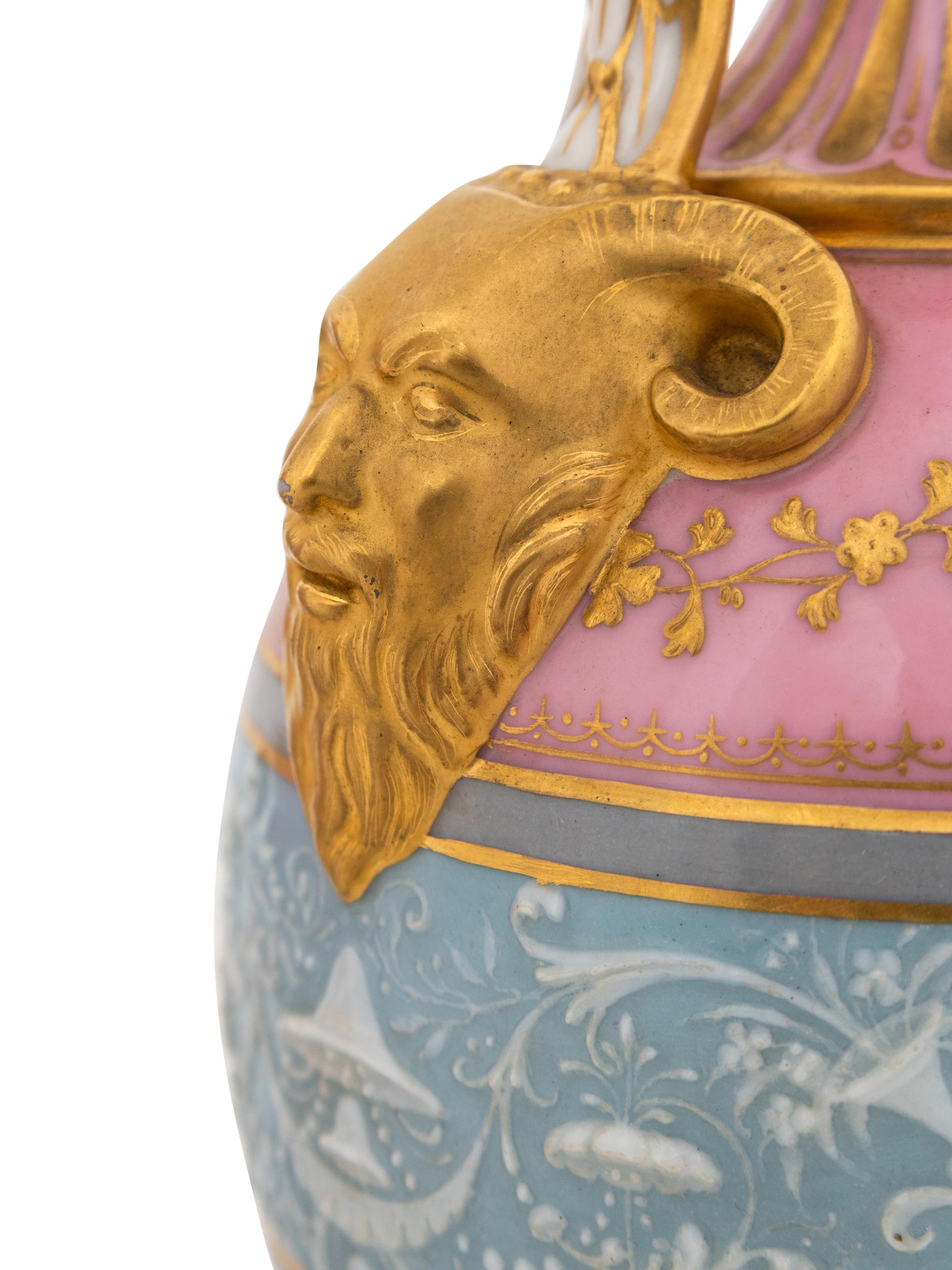 A Minton's Pâte-sur-Pâte Pink-Ground Three-Piece Garniture