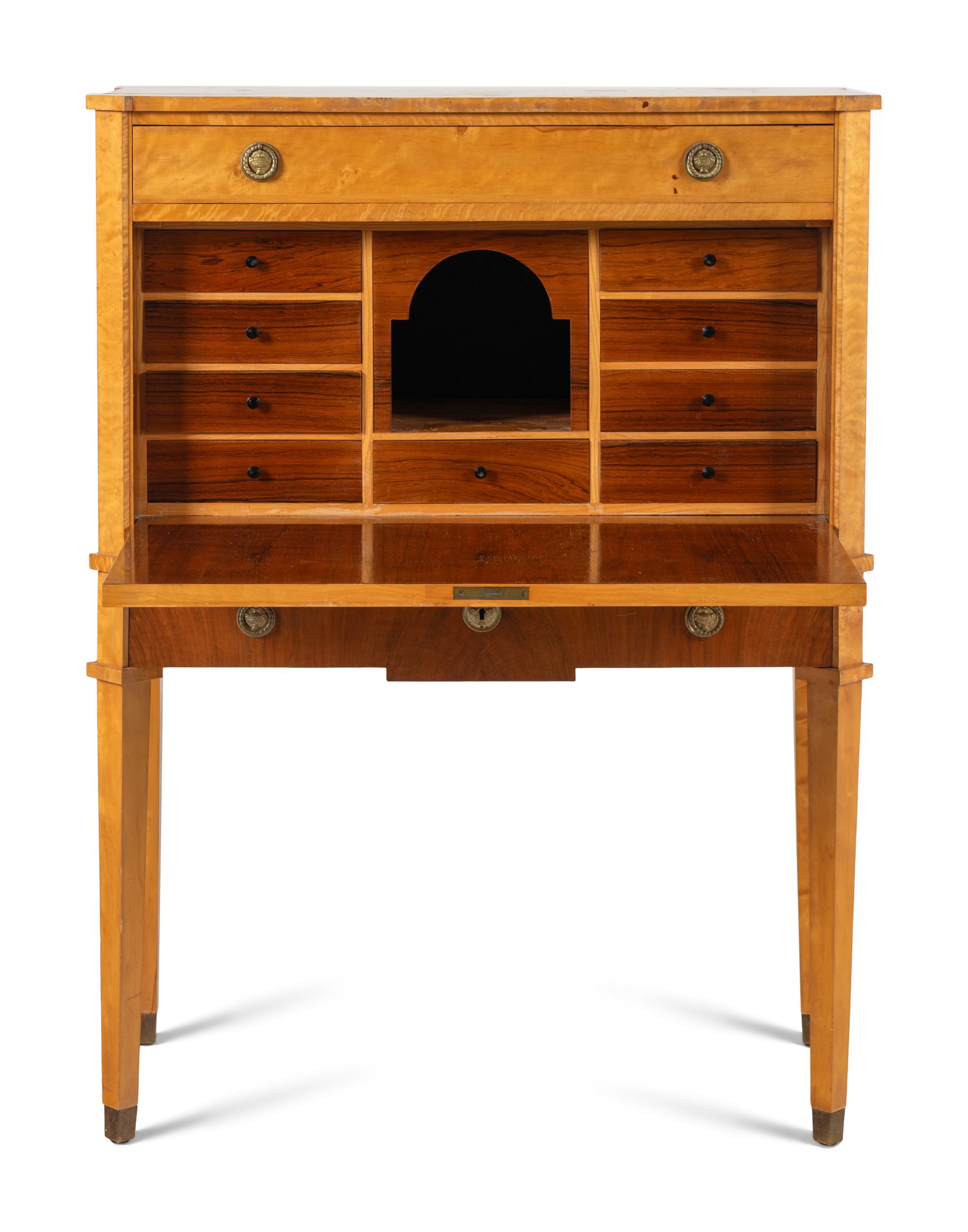 A Swedish Neoclassical Style Birch, Mahogany, and Rosewood Fall-Front Bureau