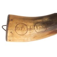 Two Folk Art Carved Priming Horns and Two Stone Bullet Molds